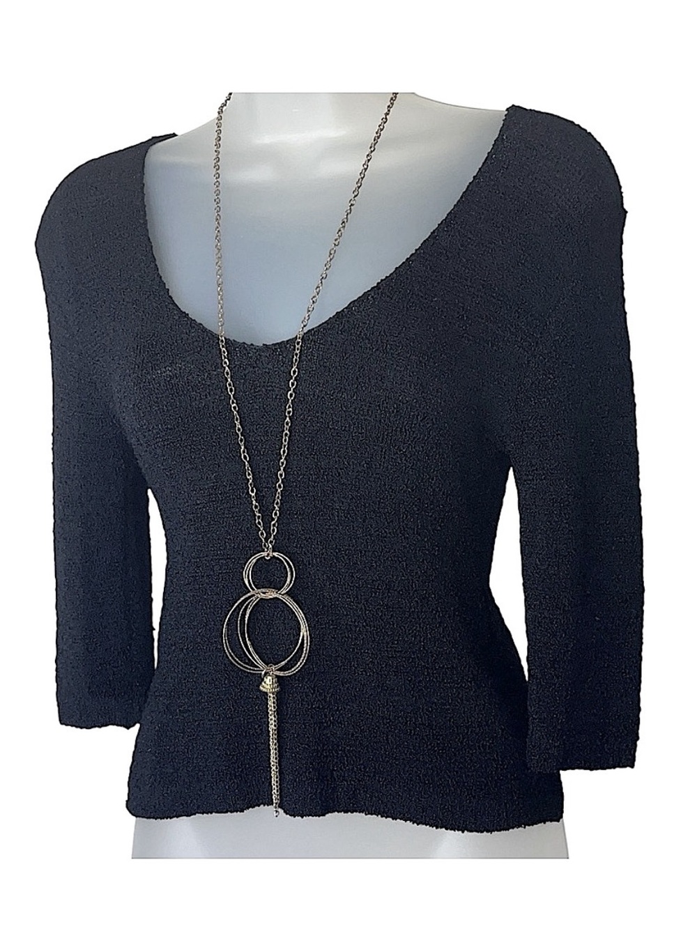 Y2K Bette Paige Black Scoop V Neck Quarter Sleeve Textured Thick Knit Top Medium